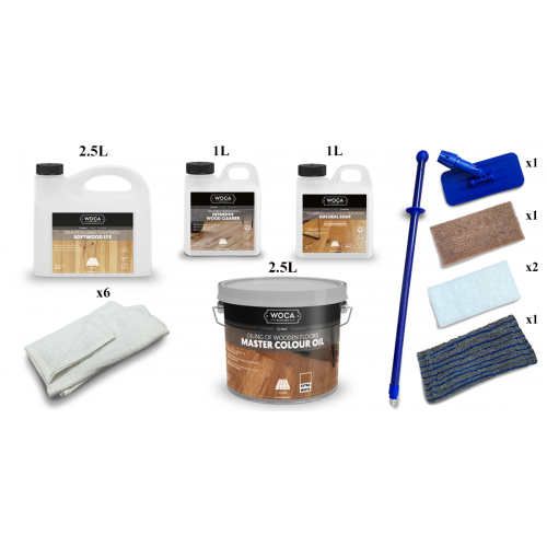 Kit Saving: DC002 (b) Woca Softwood Lye & Woca Master Colour Oil 118 extra white floor, Work by hand 0 to 15m2    (DC)